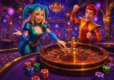 Live dealer standing behind a roulette wheel in a casino studio