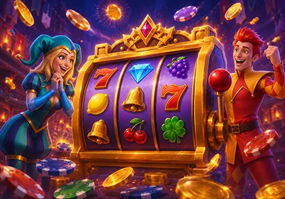 Bright fruit and gem themed slot machine reels