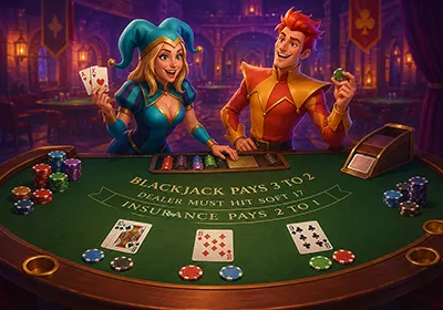 Green felt blackjack table with cards and poker chips