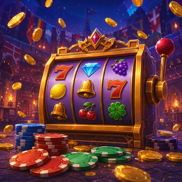 Colourful slot machine reels and casino chips representing the LolaJack Casino games lobby